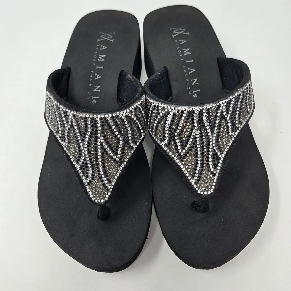 Amiani Sandal Womens 10.5 Black Vinyasa Sparkle Stones Thong Slip On Casual Zebr